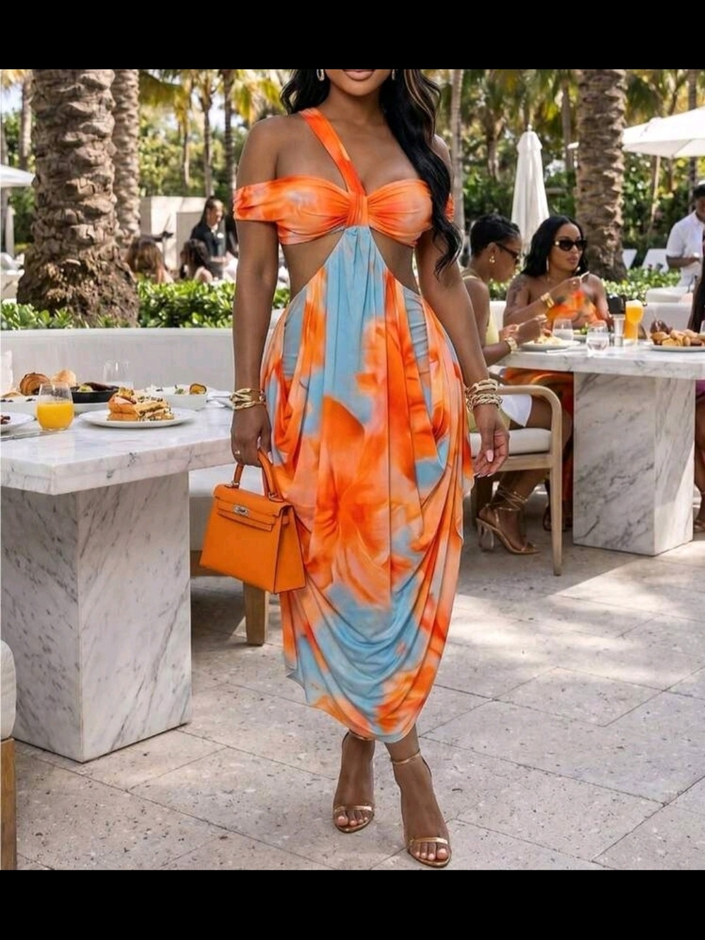 Women's Orange & Blue Tie-Dye Cutout Midi Dress